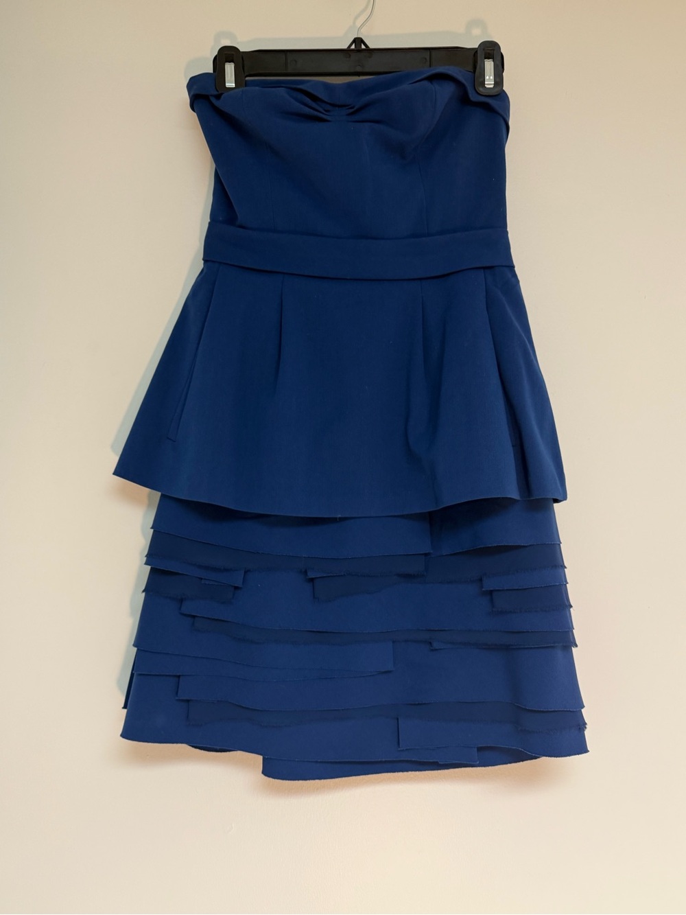 BCBGMaxAzria Royal Blue Strapless Tiered Peplum Mini Dress